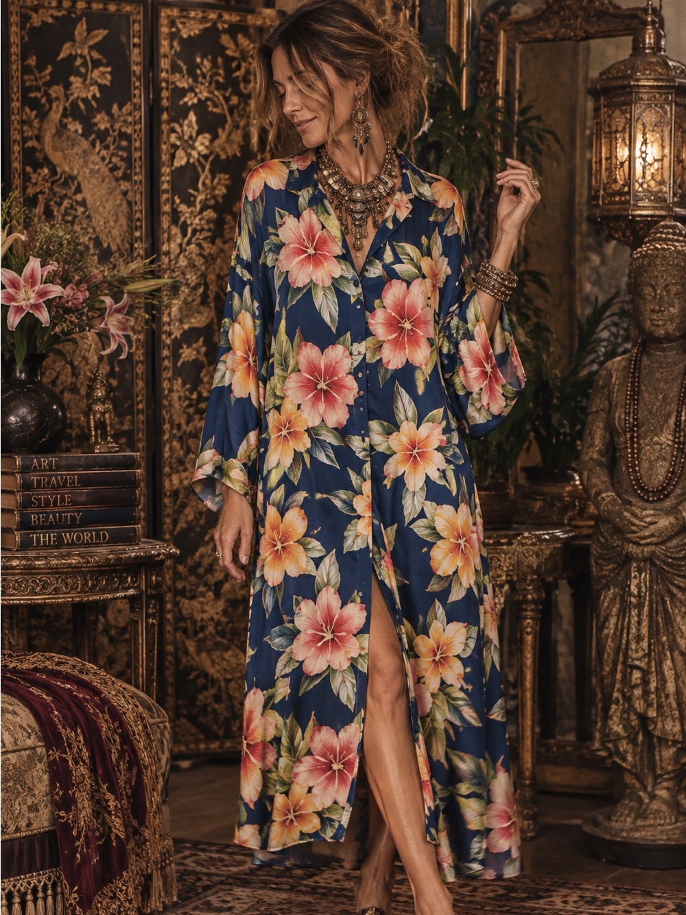 Vintage Sue Wong Hawaiian Floral Kimono Shirtdress PTP 24” Iconic 80s style